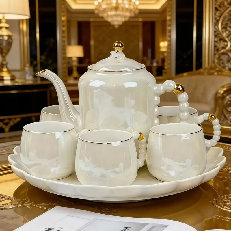 Luxury Ceramic Tea Set with Rotating Tray Elegant Afternoon Tea Coffee Cup and Teapot Set for Hotel and Home Use