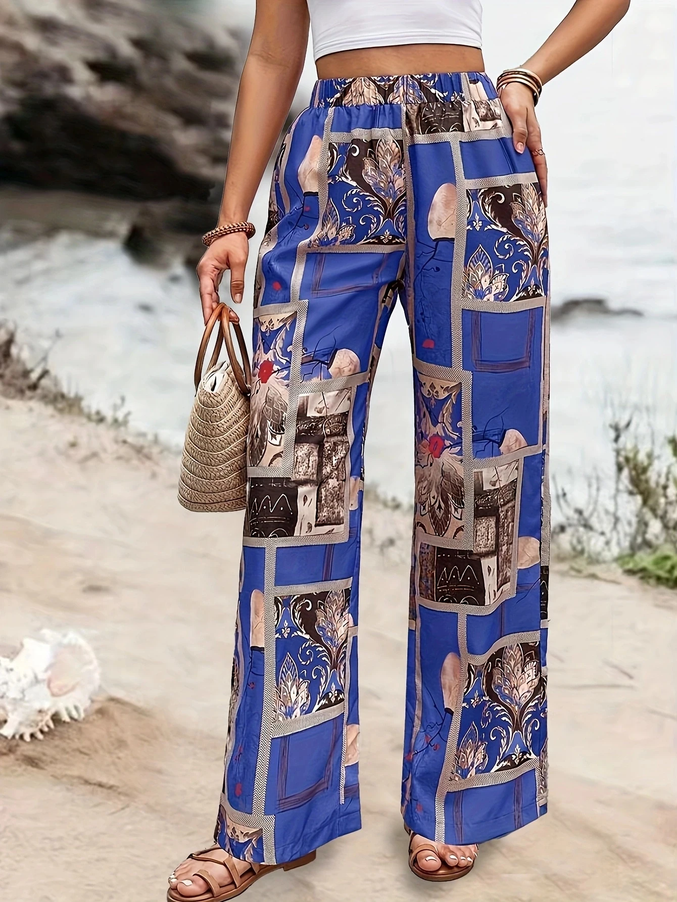 เรขาคณิตพิมพ์หลวมผู้หญิงฤดูร้อนสบายๆกางเกงเอวสูงกางเกงตรง