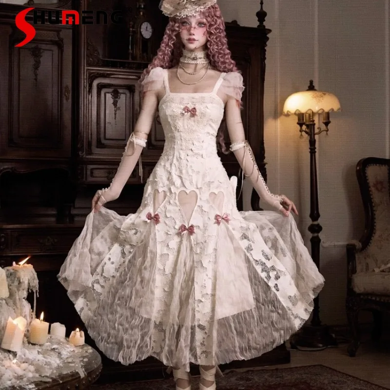 Beautiful Vestidos Cotton Love Bow Hollow Out Lace Strap Dress Summer New Unique Design Chic Elegant Suspender Dresses Ladies