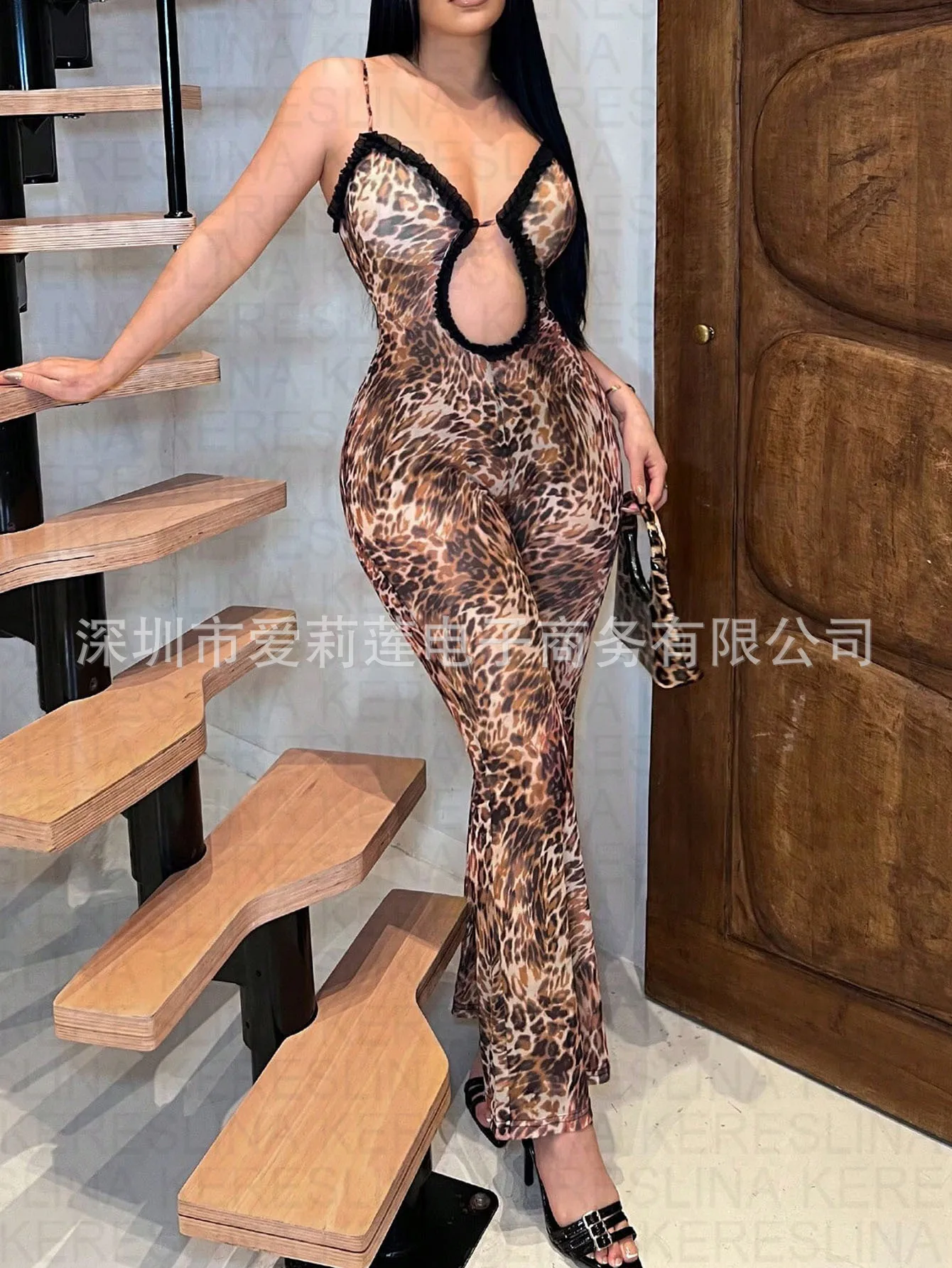 

2025 New style Y2K street style leopard print sexy cut-out halter jumpsuit