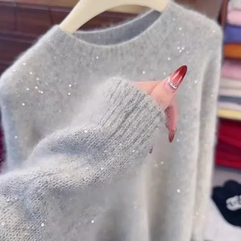 New Autumn Fashion Versatile Shiny Gentle Style Gray Bottoming Shirt Feminine Elegant High-end Sweater