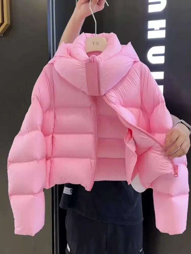 

Pink Hooded Short Zipper Cotton Jacket Women's Winter Thick Warm Outerwear Comfortable Korean Style Loose Fit Long Sleeve