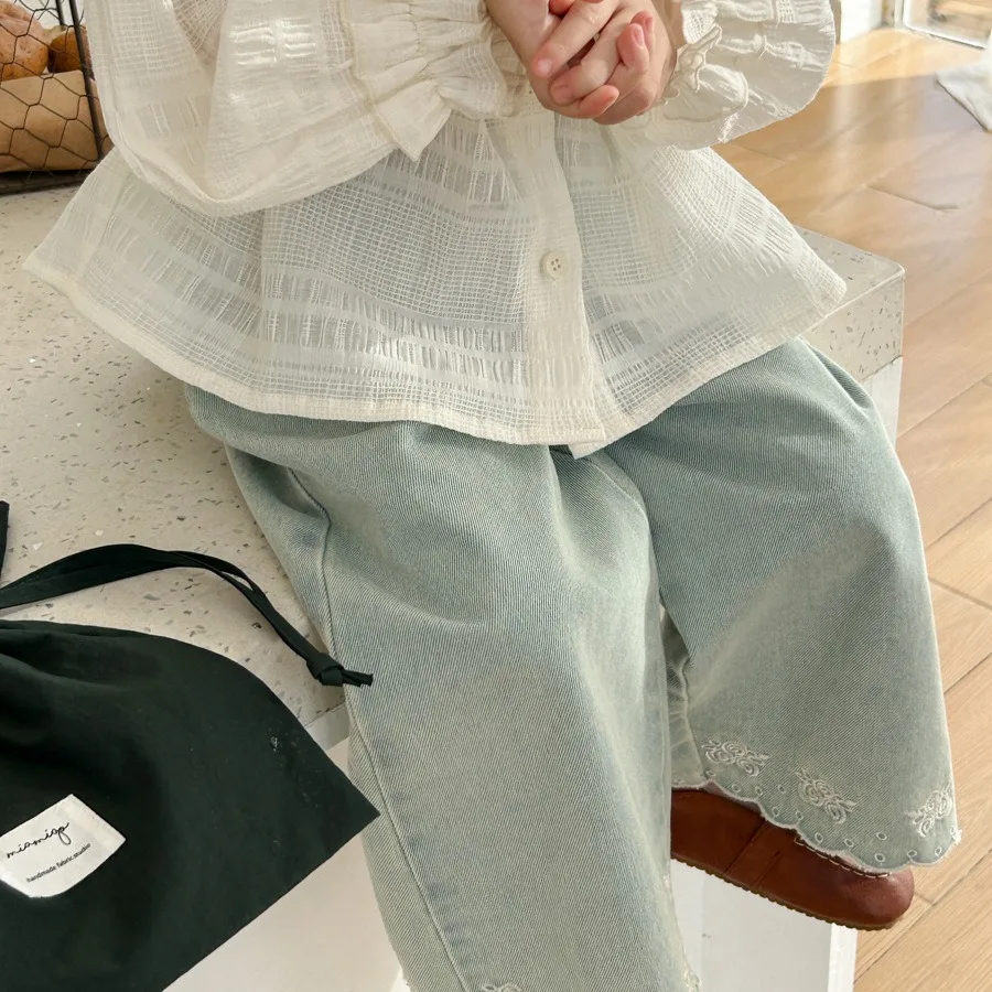 

2024 Spring New Children's Fashion Versatile Straight Girl's Western Embroidered Wide Leg Jeans