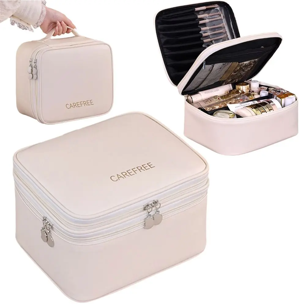 

Double-Layer Portable Cosmetic Bag PU Leather Waterproof Travel Toiletry Pouch With Handle Detachable Dividers