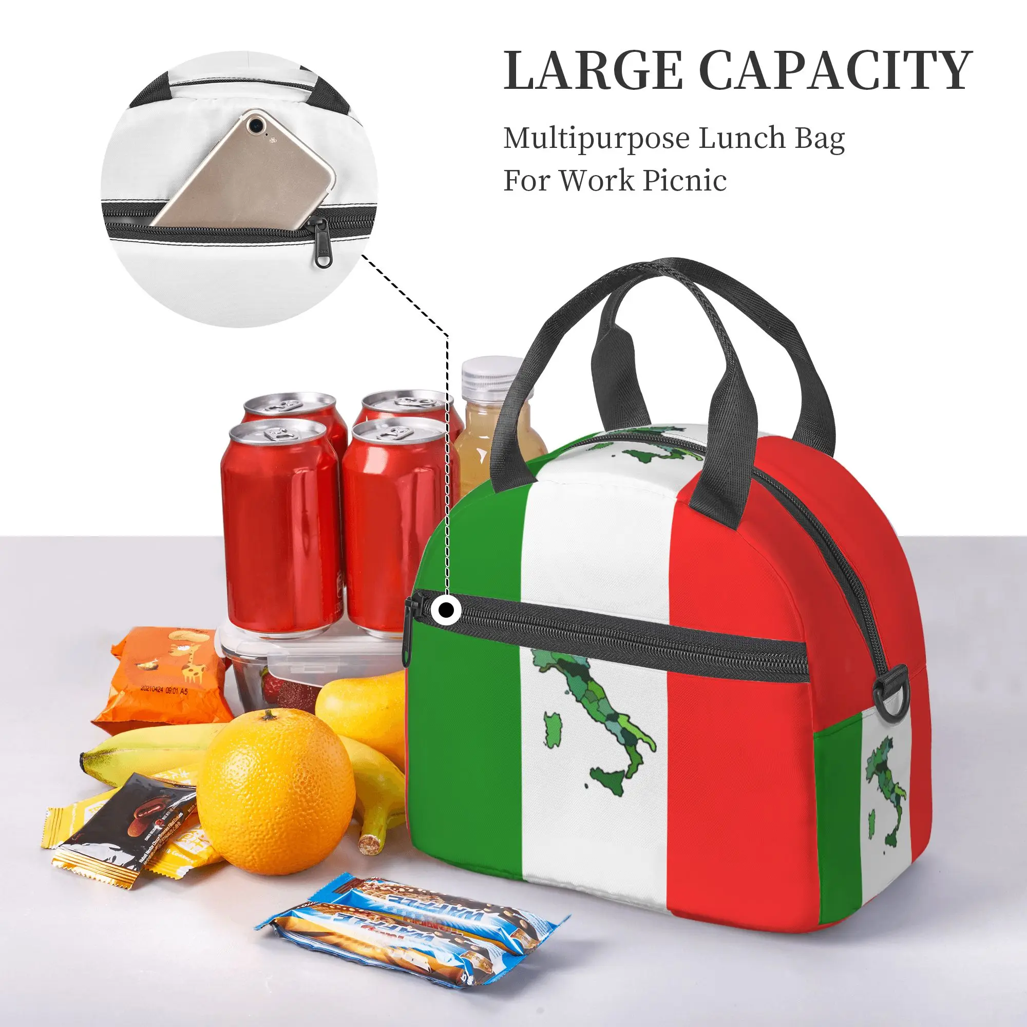 Borsa termica per il pranzo con motivo a bandiera Italia borsa portatile riutilizzabile Bento con scatola per il pranzo termica con cinturino