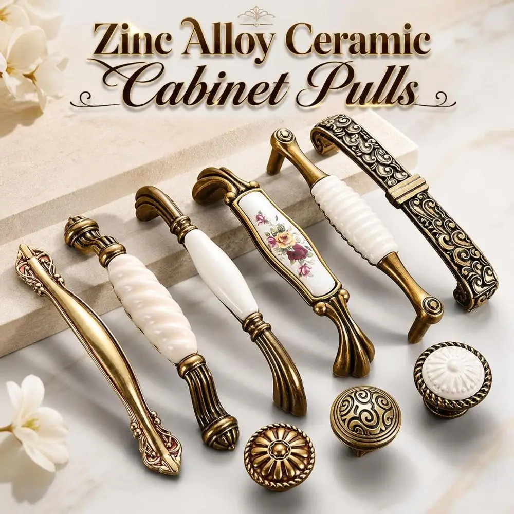 Zinc Alloy Ceramic Cabinet Pulls European Style Antique Gold Vintage Drawer Handles Sturdy Retro Antique Dresser Knobs Furniture
