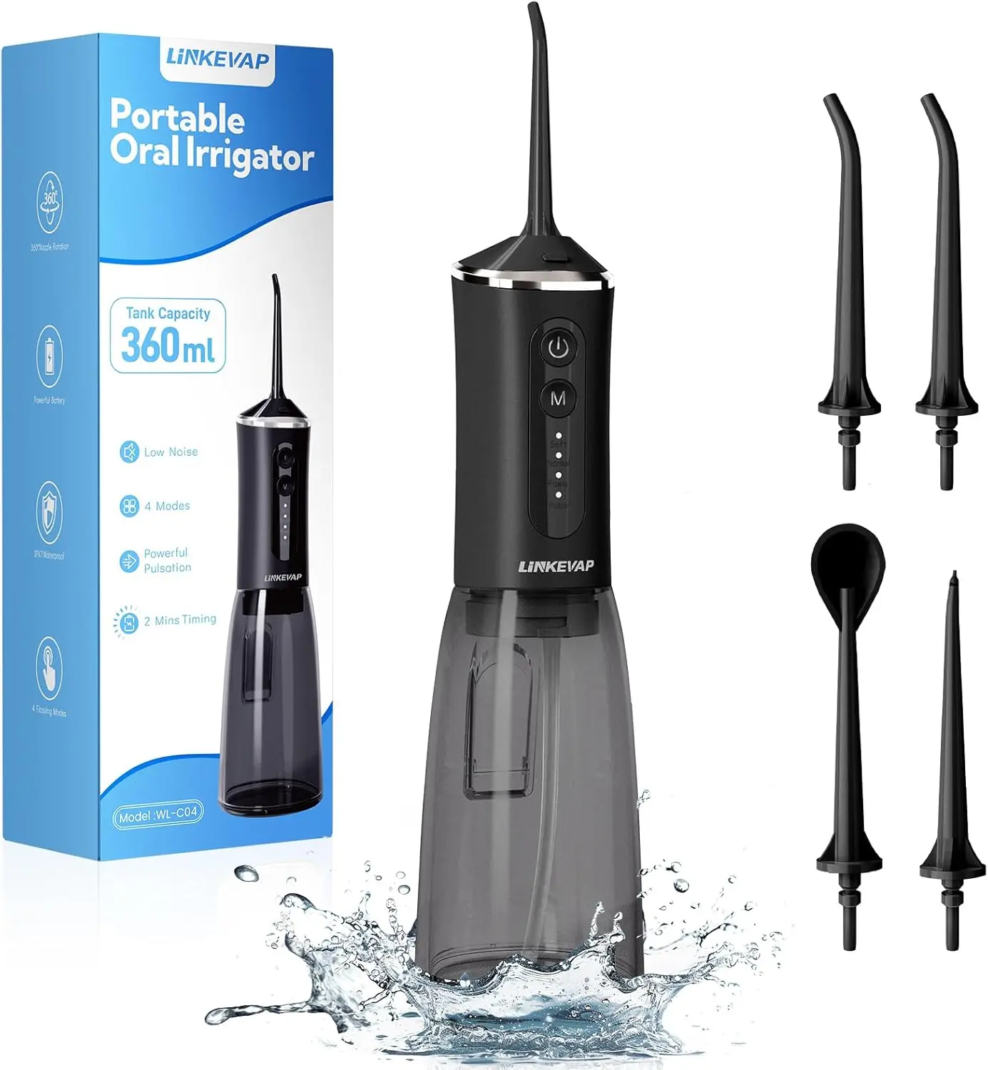 

360ML Water Flosser for Teeth, IPX7 Waterproof Rechargeable Oral Irrigator, 360° Rotating Nozzle, Portable Dental Care for Home & Travel (Black)