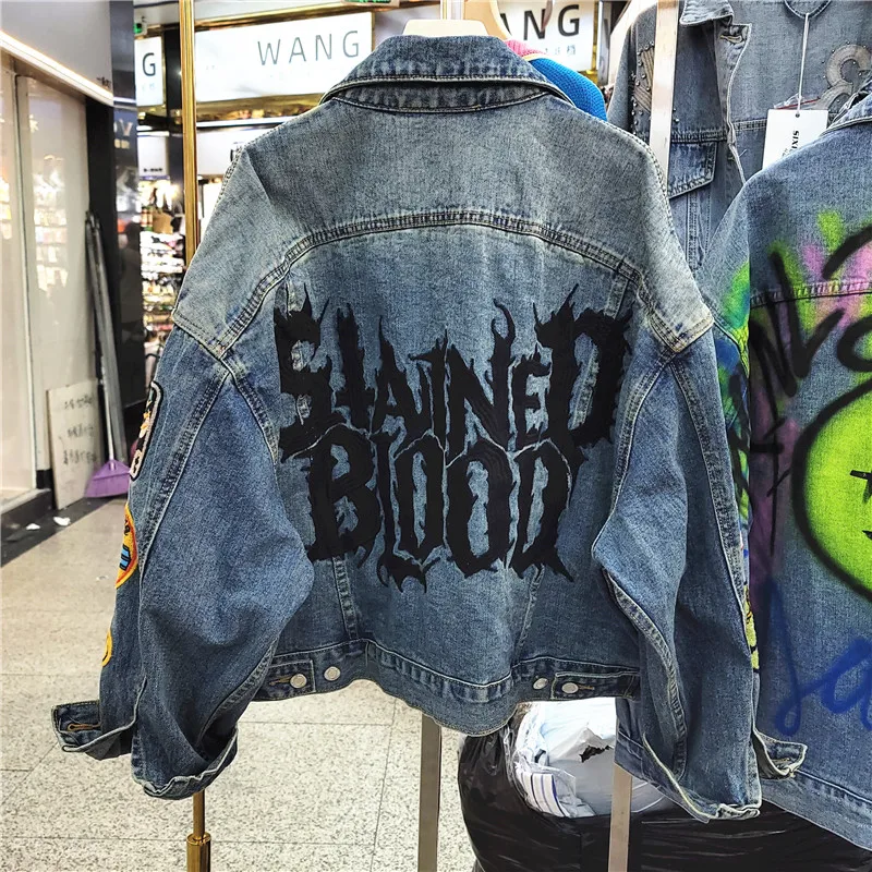 Jeans Jacket Women Streetwear Badge Letter Embroidery Denim Jacket Double Pocket Fashion Lapel Loose Jeans Coat Female