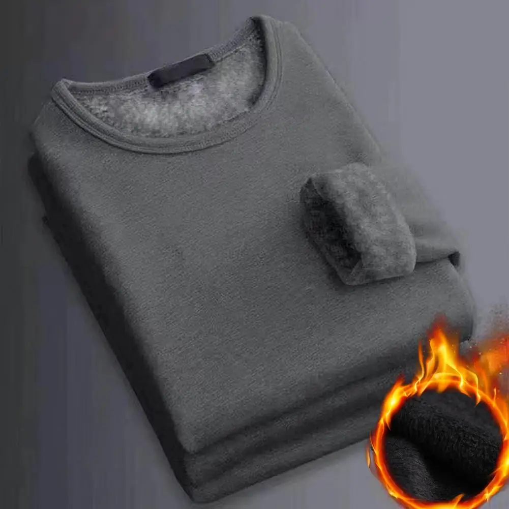 Men Thermal Underwear Tops O-Neck Long Sleeve Solid Color  Fleece Lining Bottoming Thermal Underwear Fleece Top Men Thermal Top