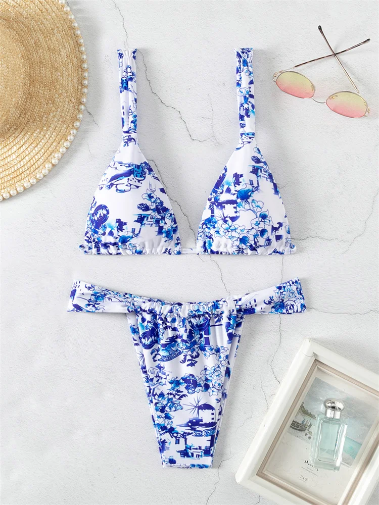 Micro Bikinis 2024 New Swimsuit Women High Waist Thong Swimwear Two-pieces Bikini Set Print Push Up Bathing Suit Summer Beach L