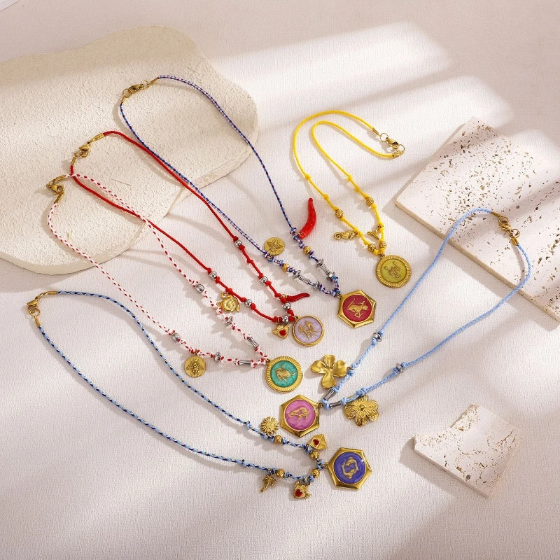 Zwölf Konstellationen bunte Anhänger handgemachte Baumwolle Seil Edelstahl Frauen personalisierte Mode Halsketten Schmuck – Detail 7