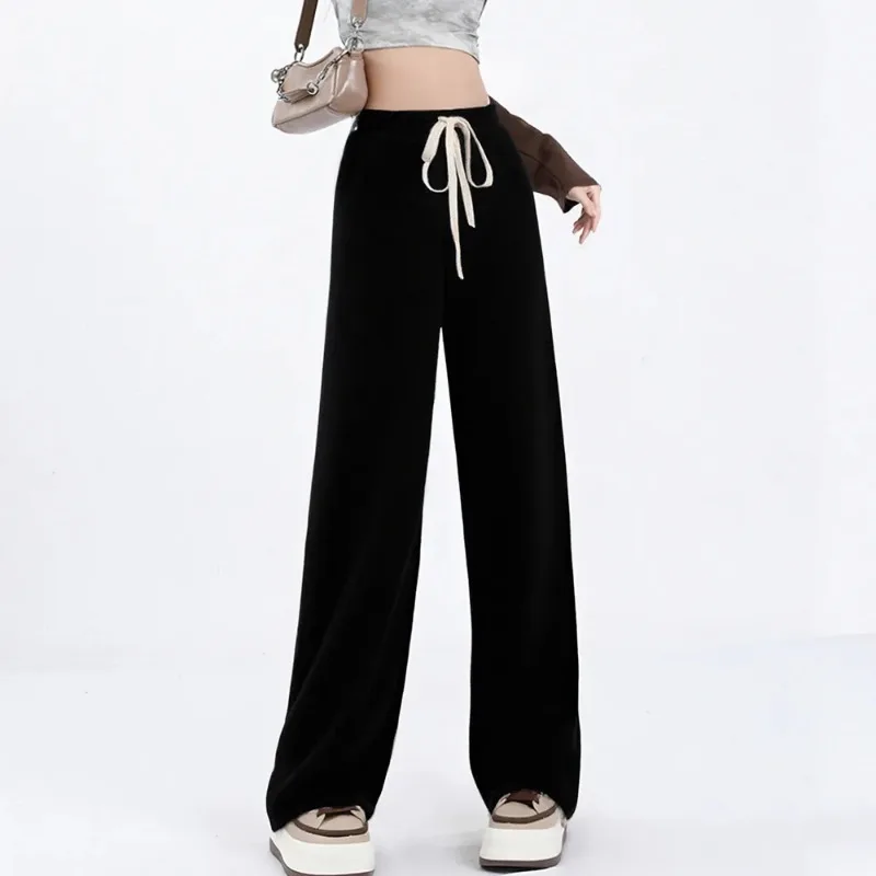 

Женские брюки с высокой талией и широкими штанинами, на шнурке, с эластичным поясом, повседневные трикотажные брюки