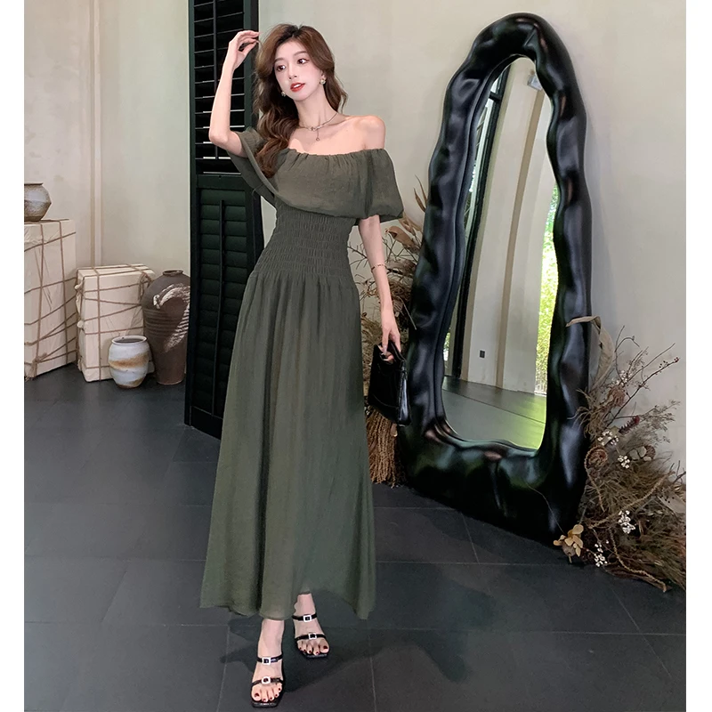 Ofallsis High End French Style Temperament Off Shoulder Lotus Leaf Edge Dress 2024 Summer New Elastic Pleats Waist Long Dresses