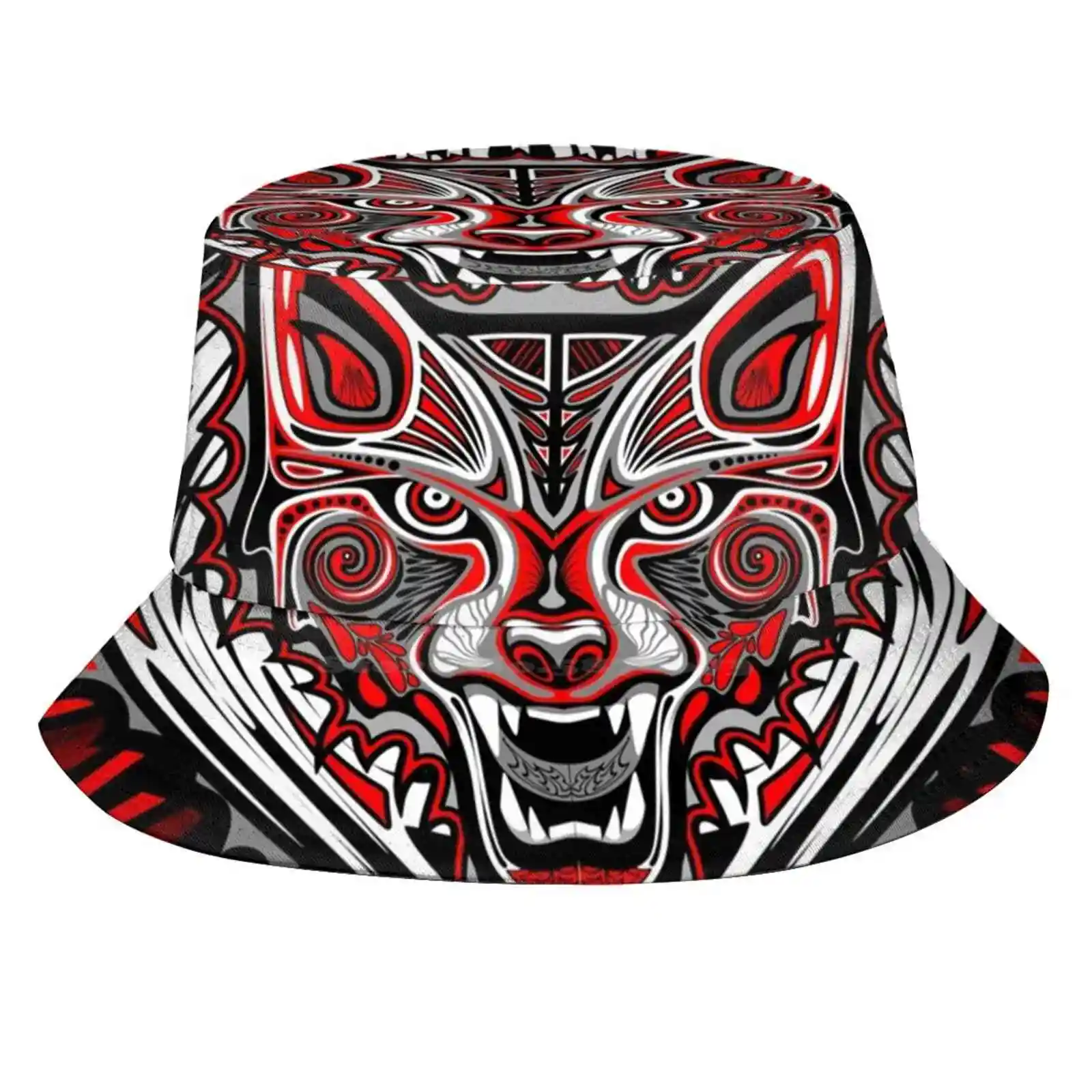 Wolf Tattoo Style Haida Art Sun Cap Fisherman Hat Bucket Hats Fierce Wild Wolf Wild Animal Tattoo Style Haida Art Black White