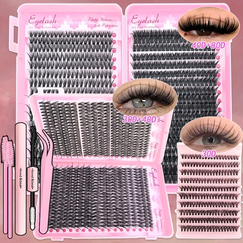 Kit de extensión de pestañas postizas DIY 30D40D80D grupos de pestañas individuales con unión y sello, pinzas y cepillo para principiantes DIY