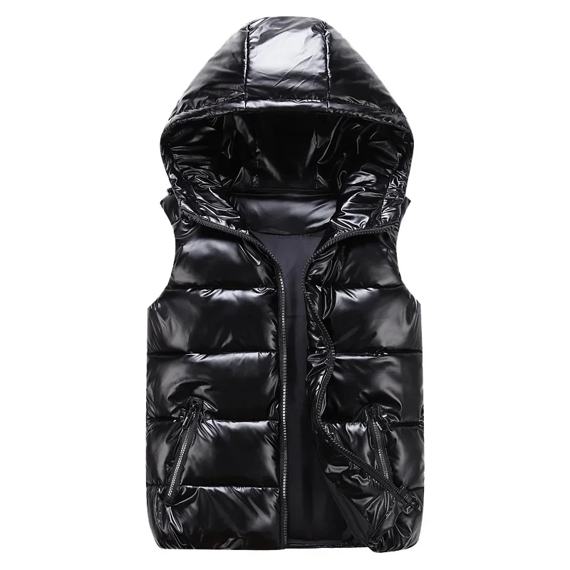 Men's Sleeveless Jacket Fashion Shiny Vest Winter Warm Hood Pockets Cotton Padded Husband Red Black Autumn Down Waistcoat Male