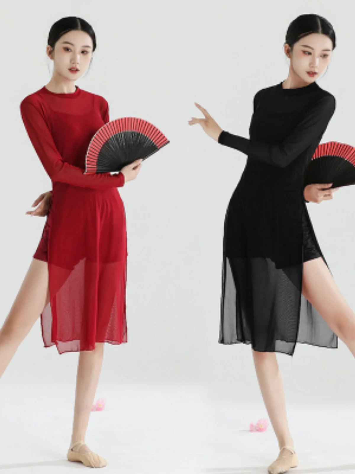 

Modern Dance Shirt Women Long Sleeve Mesh Top With Thumb Hole Sexy Transparent Gauze Folk Dance Classical Dance Practice Clothes