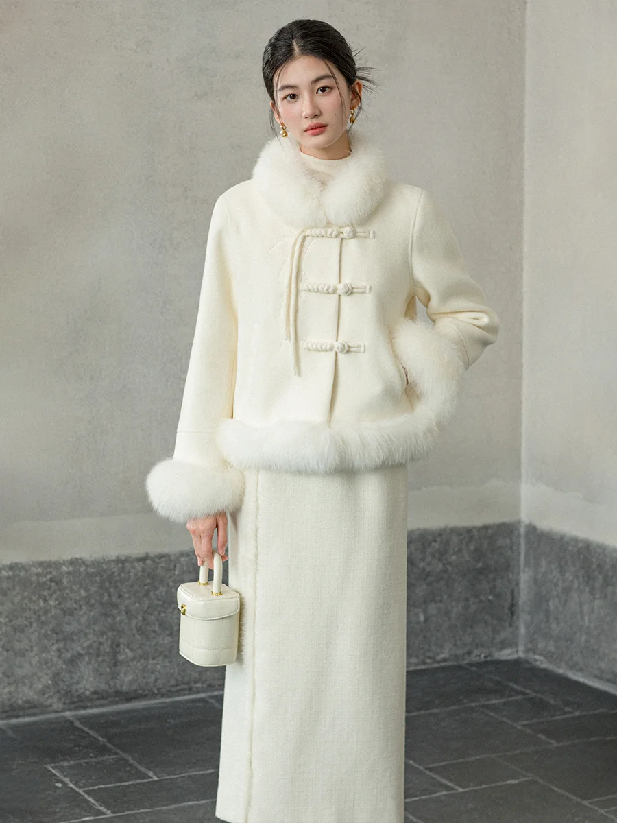 

Двустороннее шерстяное пальто женское осенне-зимнее с наполнителем из белого гусиного пуха, с меховым воротником, в традиционном китайском стиле, свободного кроя...