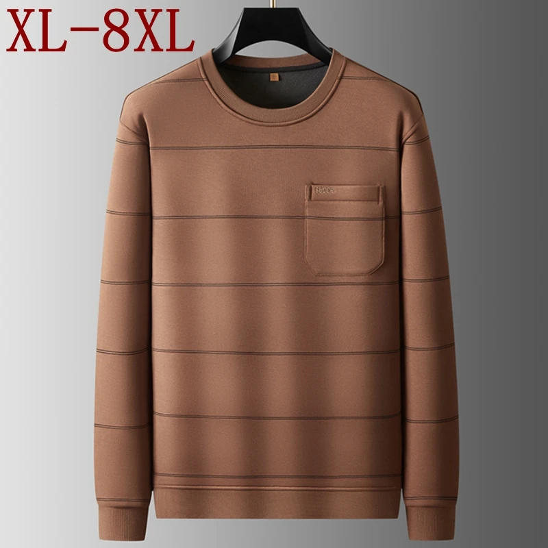 

8XL 7XL 6XL 2025 New Fall Winter Thick Fleece T-Shirt Man Tops High End Casual Striped Tshirts Homme Plus Velvet Mens Shirt