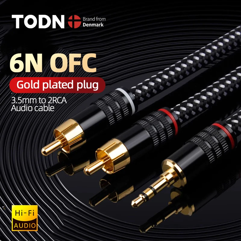 TODN HIFI 6N OFC توصيل 3.5 مللي متر إلى 2RCA كابل الصوت مطلية بالذهب التوصيل 3.5 مللي متر جاك لمكبرات الصوت فك التشفير