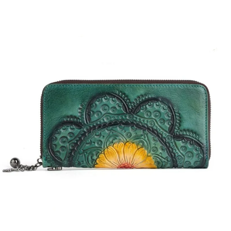 Genuine Leather Flower Embossed Purse for Women Vintage Style Full Grain Leather Long Wallet Cute Clutch Bag with Card Holders