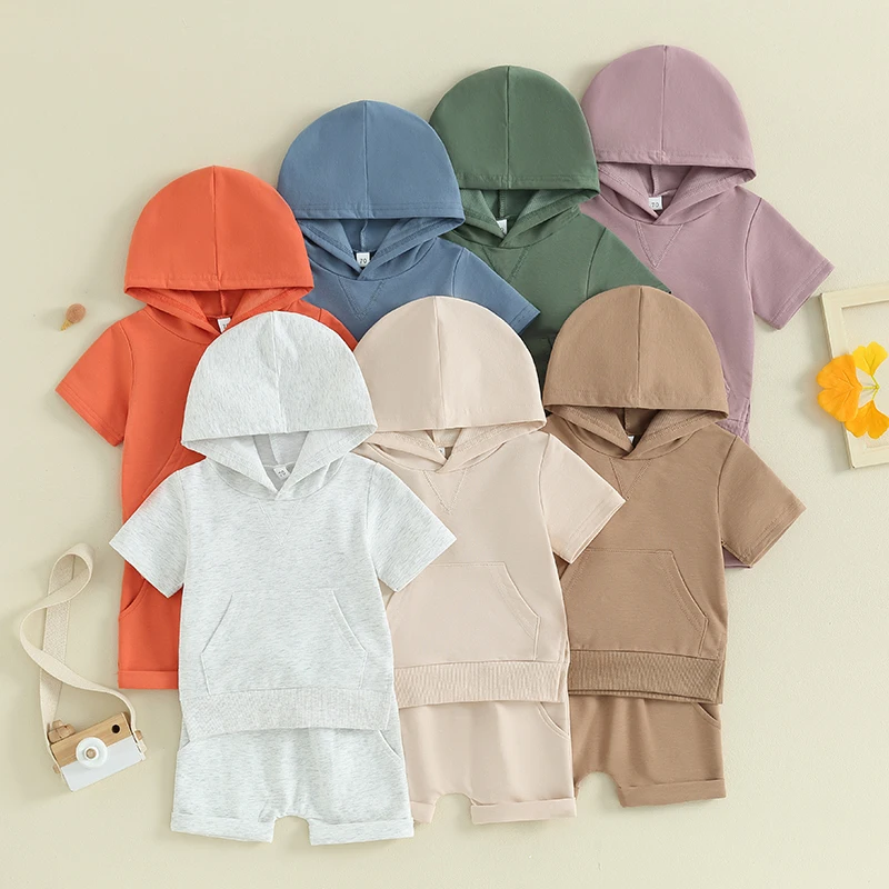 

2023-11-24 Lioraitiin Toddler Baby Boy Summer Clothes Short Sleeve Hooded T-Shirt Tops Elastic Waist Shorts Set Infant Outfits