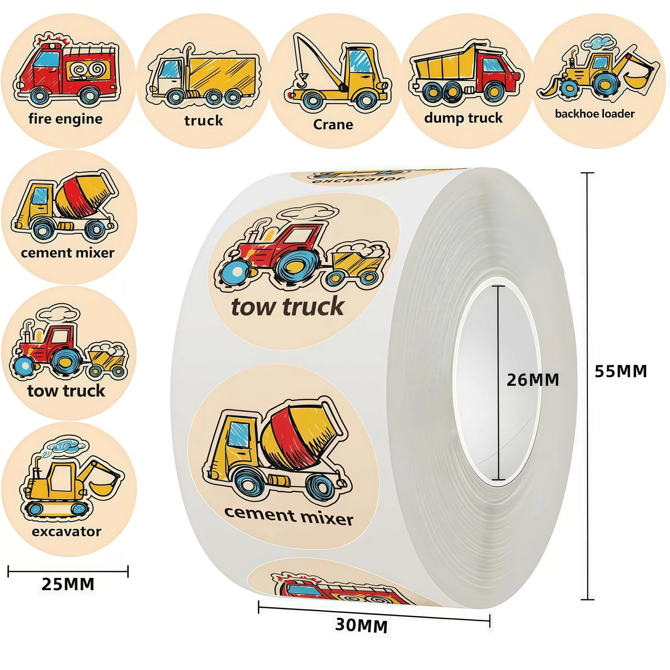 500Pcs Cartoon Construction Vehicle Sticker Roll, Various Types (Fire Engine/Truck/Crane) for Decor, DIY & Gifts