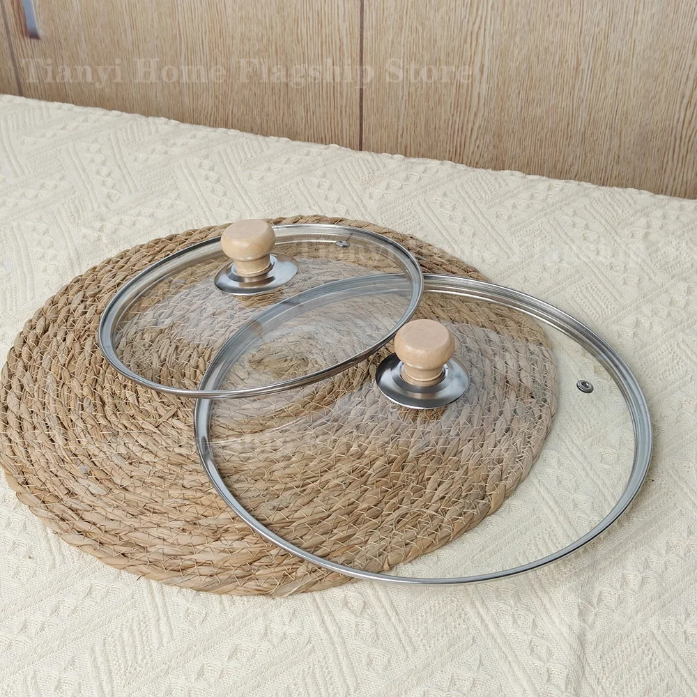 Tempered Glass Pot Lid Wooden Handle Rimmed Pan Lid Spill Shatter-Proof Round Chef Glass Cover for Versatile Home Cooking Pan