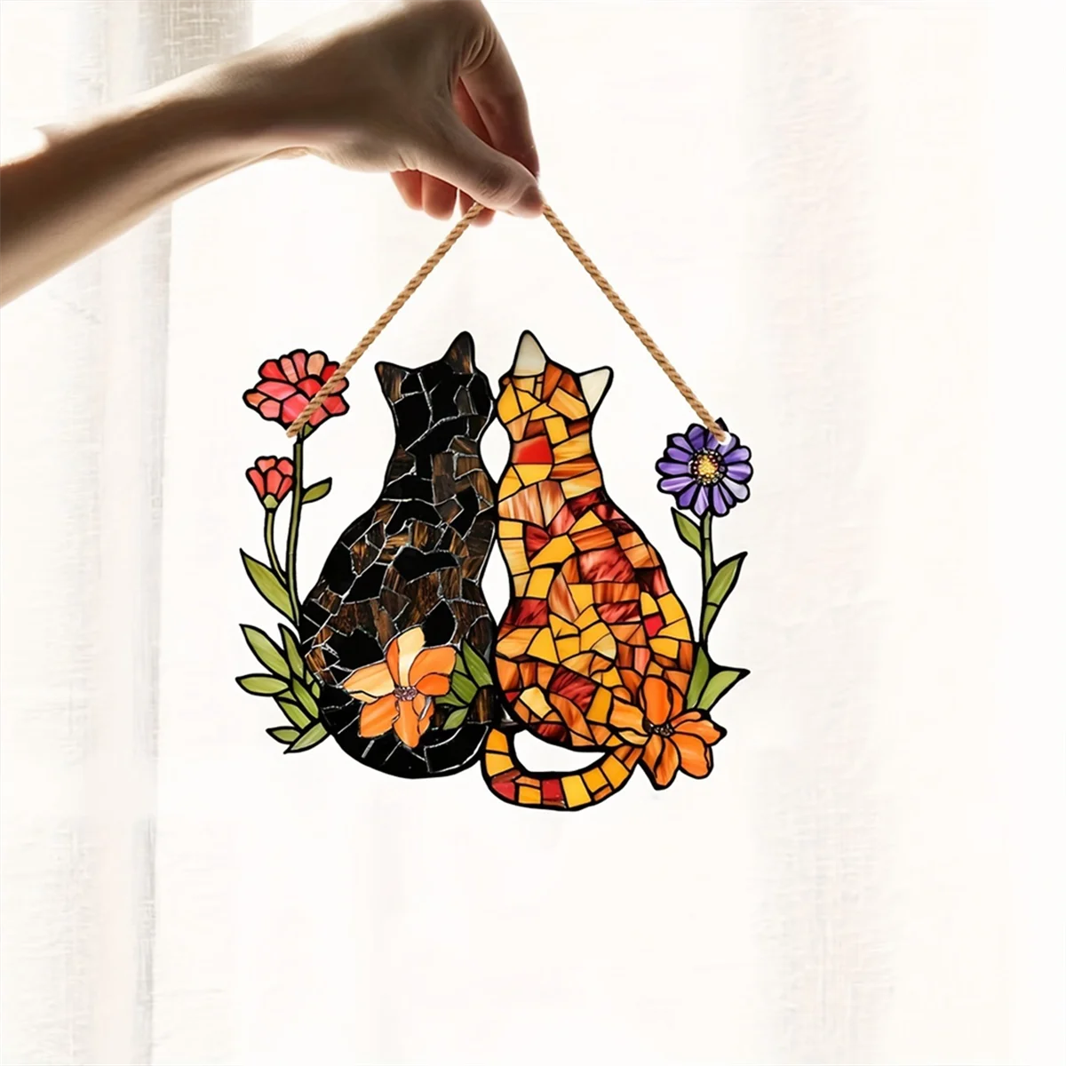 

A50P-Garden Friendship Cat Acrylic Curtain Ornaments with Rope Pendant Colorful Sun