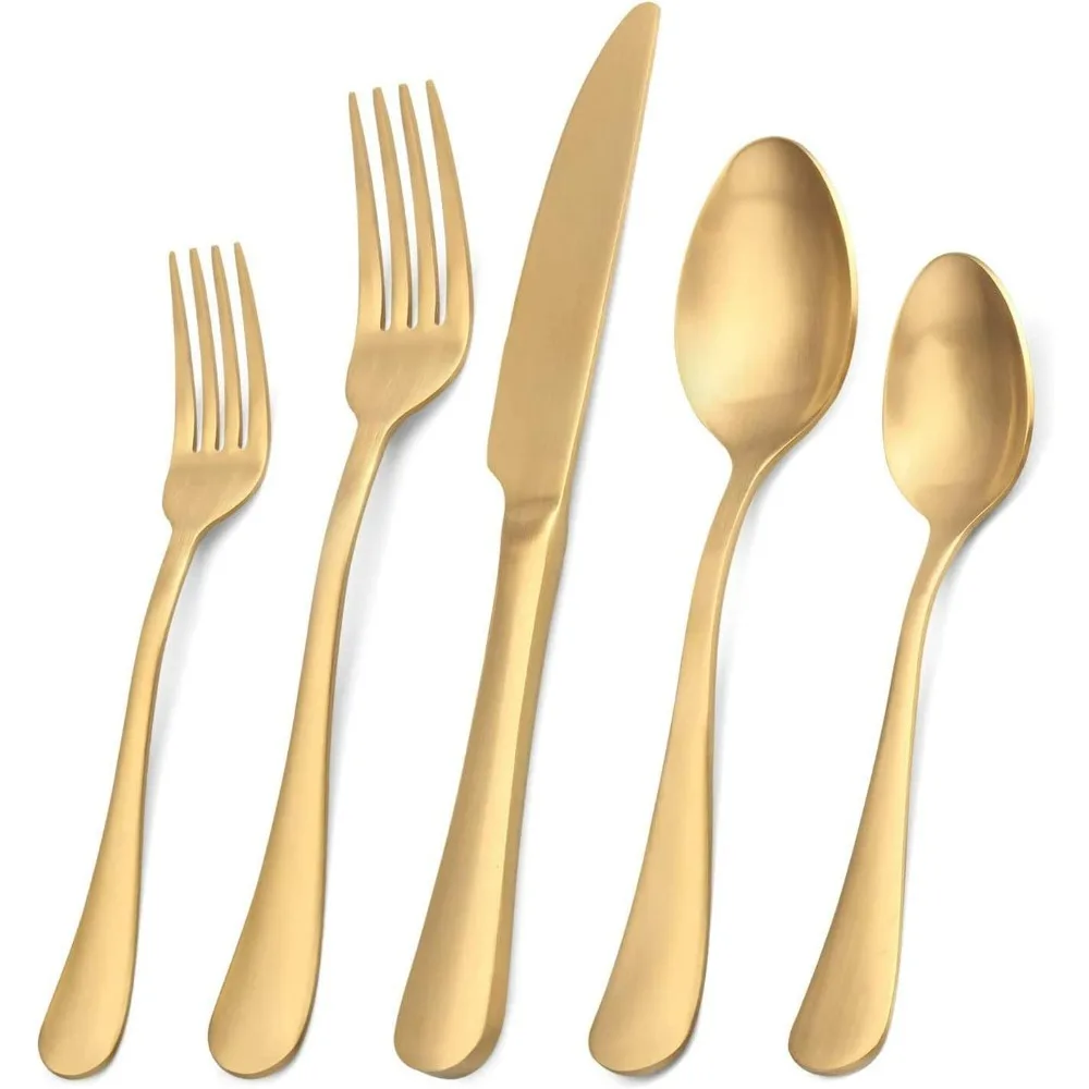 

Matte gold and silverware set, 40 pieces of stainless steel tableware with satin finish, kitchen utensils, dishwasher safety