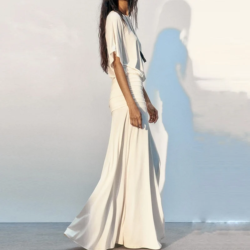 Fashionable Short Sleeve Slim Fit Dress Women's Summer New Arrival Two Color Casual Gown with Pleats Zadata Ladies Dress