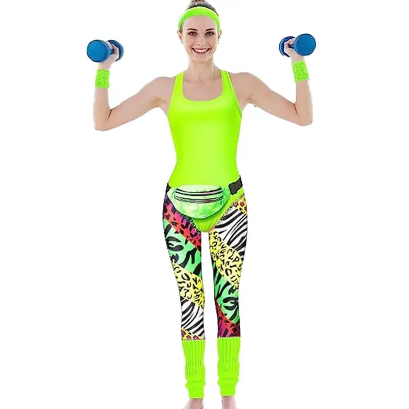 80s Workout Tights 80s Party Costumes Workout Tops Leggings For Women Jogging Leggings Leg Warmers Earrings Wristband Set