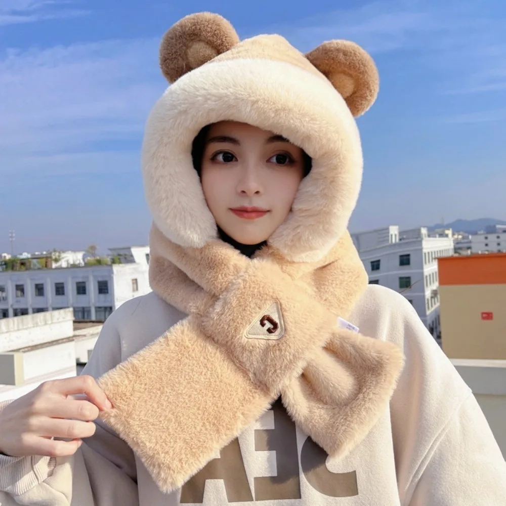 

Outdoor Winter Integrated Scarf Hat Thickened Plush Scarf Hooded Cap Ear Protection Warm Hat Scarf Set Cycling Cap