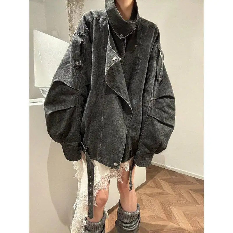 American Shoulder Sleeves Tooling Loose Jacket Jacket Women's Spring Retro Style Long Sleeves Washed Old Denim Jacket Trend