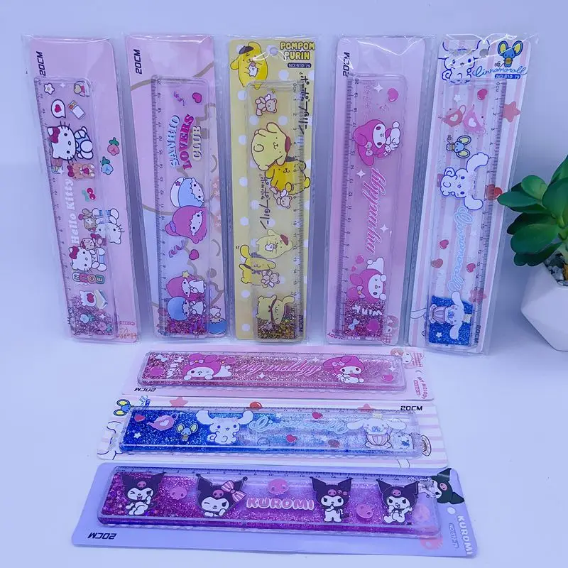 Sanrio 12pcs Stationery Ruler Kawaii Kuromi Creative Cartoon Modeling Quicksand Ruler Cute High-Value Students 20cm Stationery