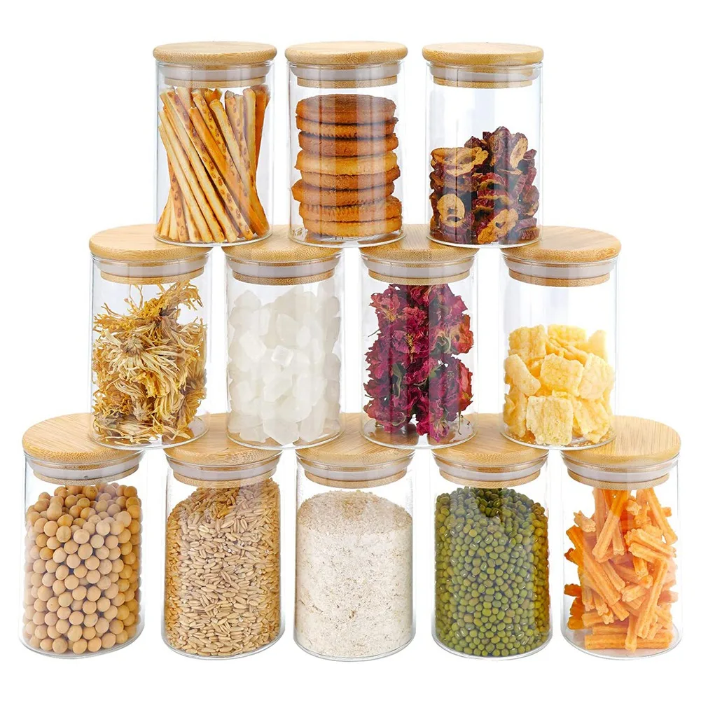 12Pcs Glass Jars Set(300Ml) Clear Spice Jars with Bamboo Lids Food Storage Jars Canisters for Kitchen Counter Organizer