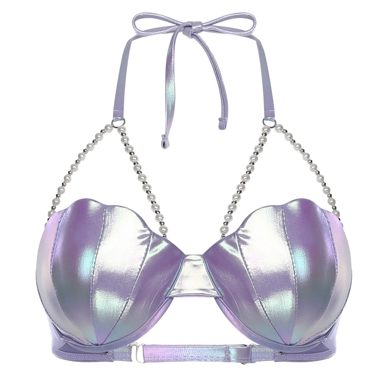 Womens Shiny Metallic Bikini Bra Top Halter Neck Sheel Shaped Cup Pearl Chain Push Up Bra Mermaid Cosplay Swim Top Beachwear image 3
