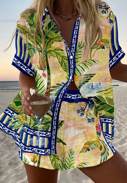 Modeprint Oversized Strandvakantie 2-delige set Dames Zomer Shirt met korte mouwen Top + Wijde pijpen Korte tweedelige damesoutfit