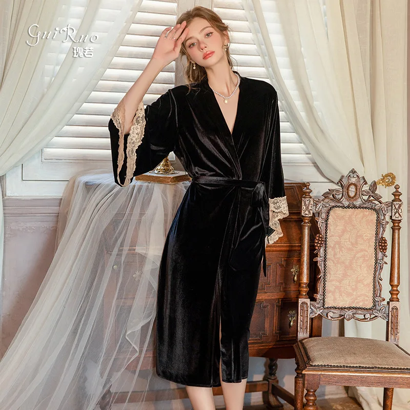 Soft Velvet Long Robe with Lace Cuff Loose Comfortable Belted Sleepwear Retro European Fashion Wearable Outer Robe for Women