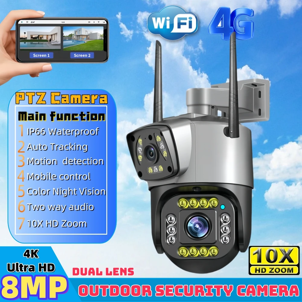 8MP 4K IP Camera Wifi Outdoor Night Vision Three Lens Three Screen PTZ Camera 2K Motion Detection Video Surveillance V380PRO