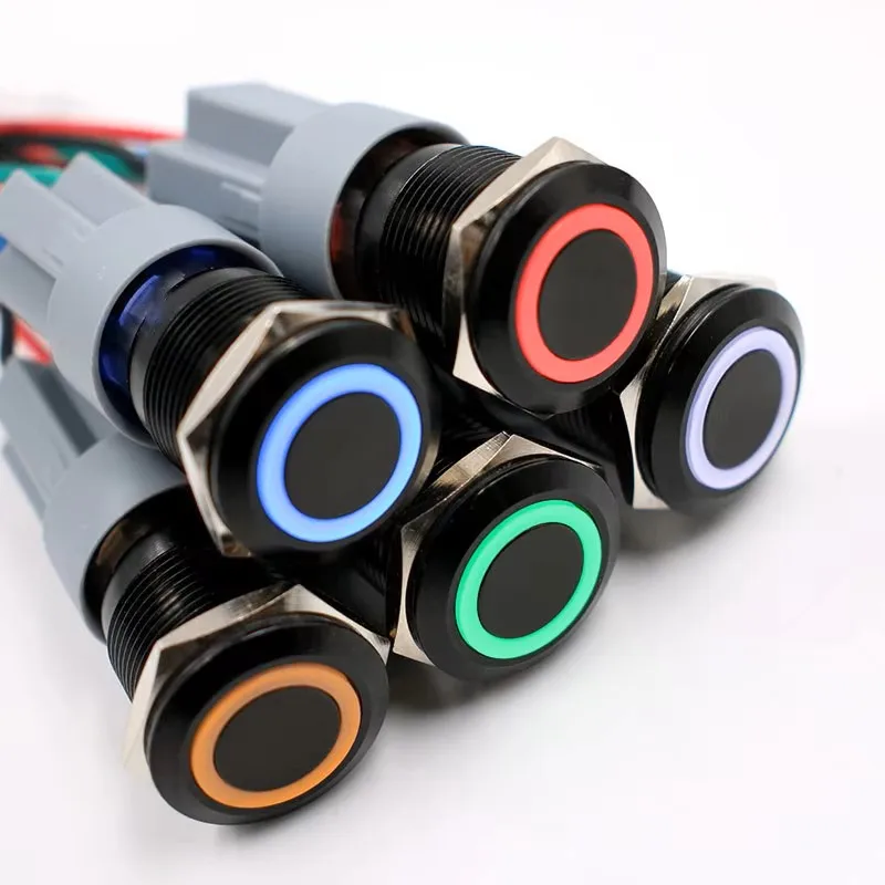 

19mm metal button switch oxidation black flat head self-locking self-resetting ring light 12V220V waterproof button