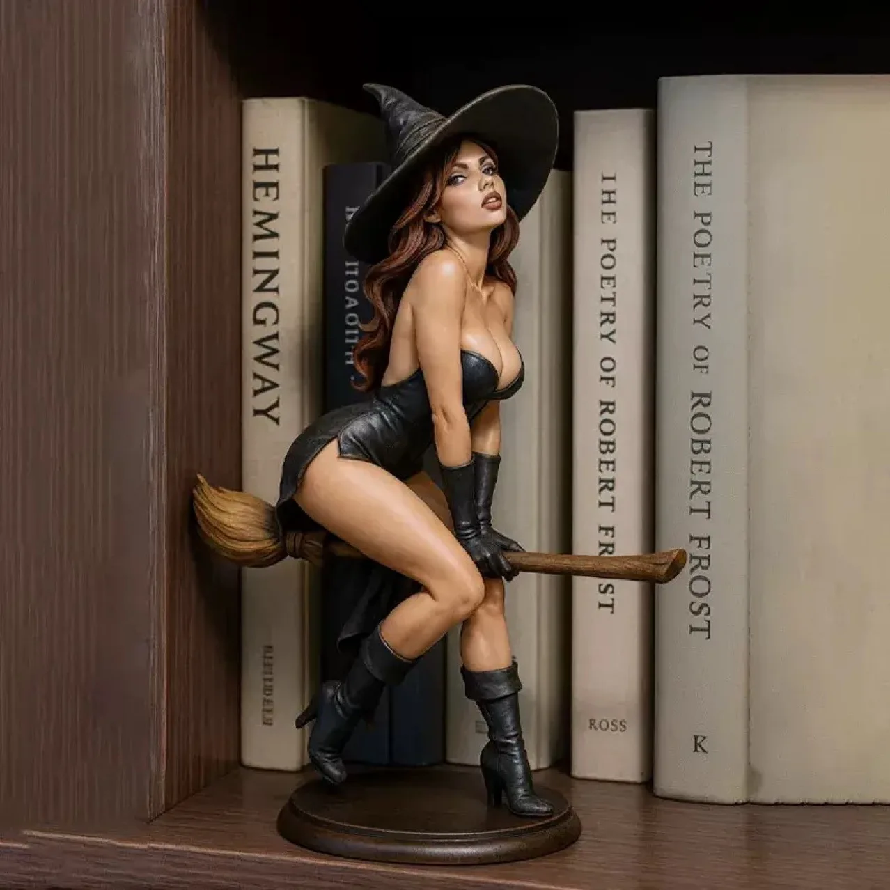 Halloween Glamour Witch Statue on Broomstick Sexy Sorceress Shelf Decor - Premium Resin Bookcase Home Office Desk Decoration