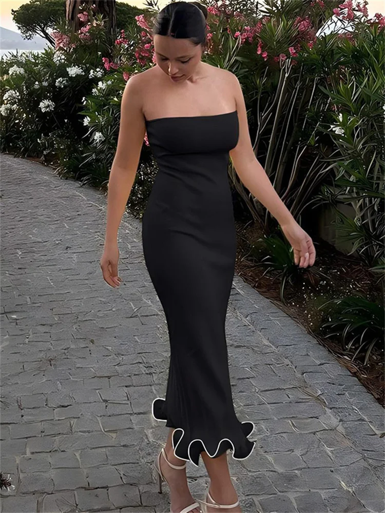 Tossy Black Ruffled Fashion Long Dress Women's Backless High Waist Slim Bandeau Elegant Party Dress Gown Female Solid Maxi Dress