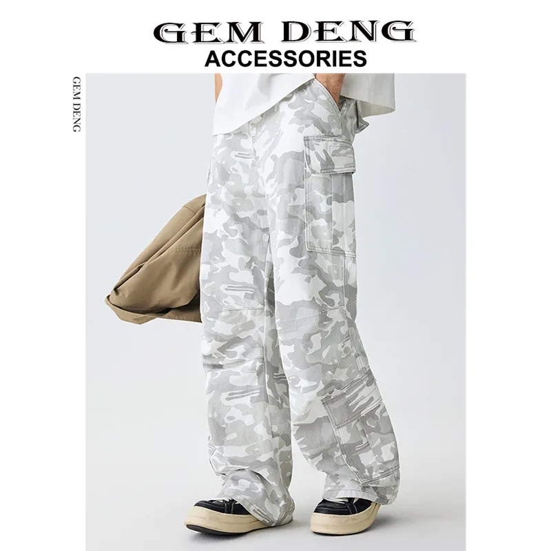 

Камуфляжные джинсы в стиле ретро, свободные широкие брюки прямого кроя для мужчин и женщин с несколькими булавками, повседневные хлопковые брюки