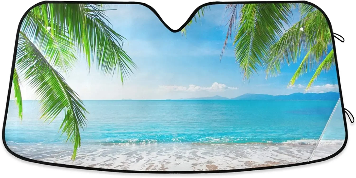 Tropical Palm Tree Beach Car Windshield Sun Shade Blocks UV Rays Sun Visor Protector Foldable Sun Reflector to Keep Your Vehicle