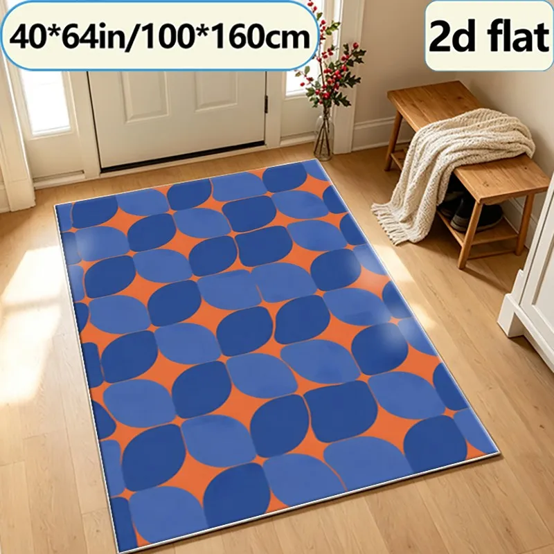 Blue and Orange Retro Geometric Oval Rug, Mid-Century Modern Style Carpet, Suitable for Living Room, Bedroom, and Home Floor Decoration
