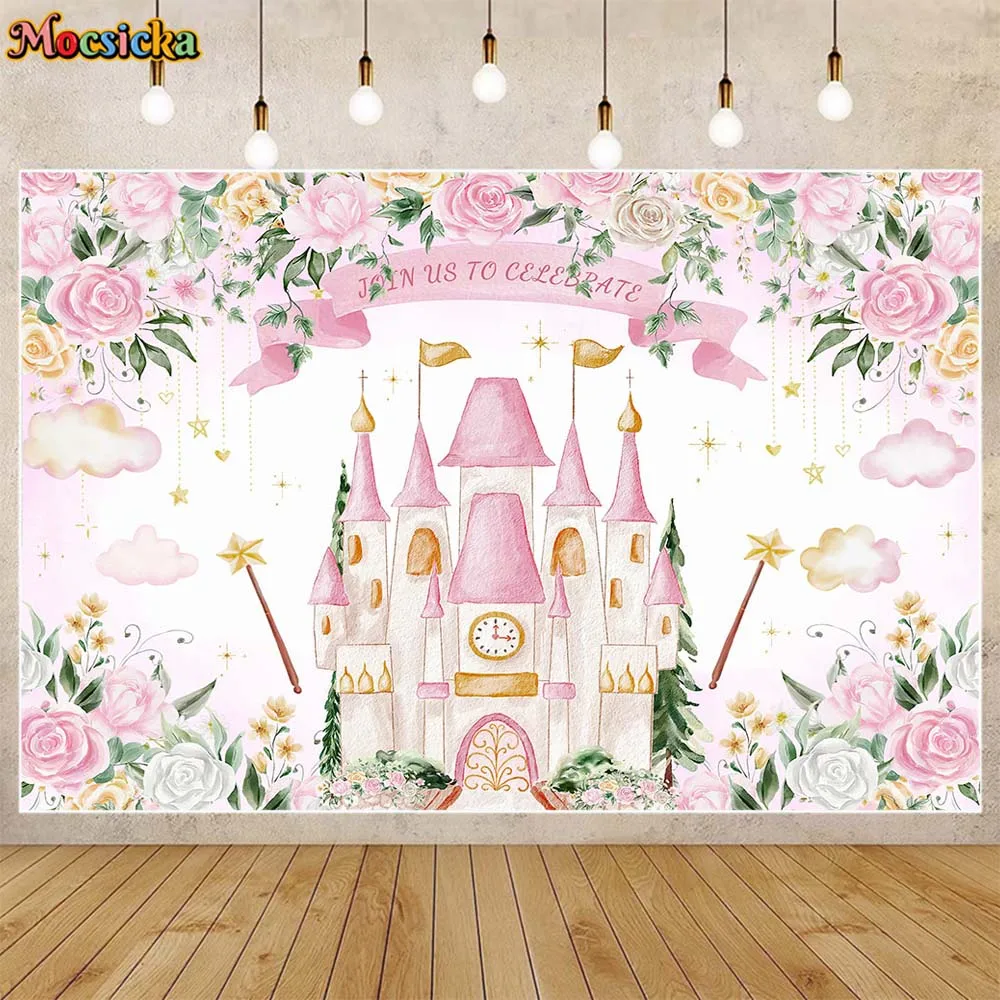 

Mocsicka Join Us To Celebrate Photo Background Banner Castle Pink Rose Girl Birthday Party Decor Baby Shower Backdrop Photoshoot