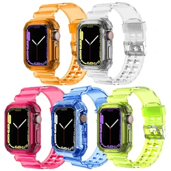 Clear Band + Case for Apple Watch Series 9 8 7 49mm 45mm 44mm 42mm 41mm Transparent Plastic Strap for iwatch 6 SE 5 4 38mm 40mm