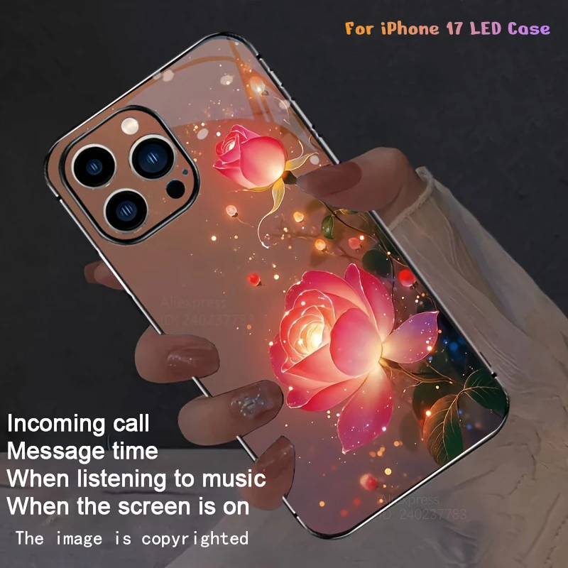

For iPhone 17 LED Lighting Phone Case Rose Sweet Dreams For iPhone 16 17 Pro Max 15 14 Plus 13 12 mini Glow Art Aesthetic Coque