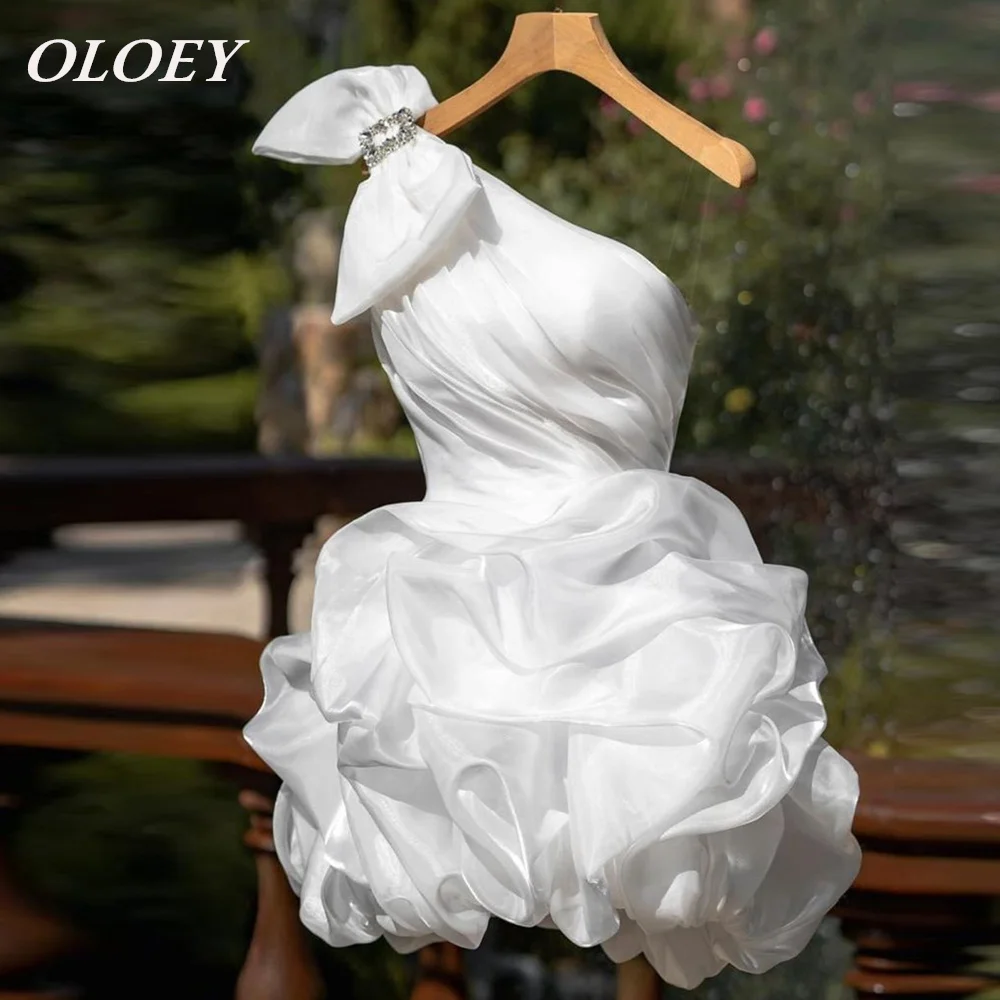 

OLOEY Modern Gliter Organza Short Wedding Dress Pleated Fluffy Mini Bridal Gown Customized Shoulder Bow Transparent Straps